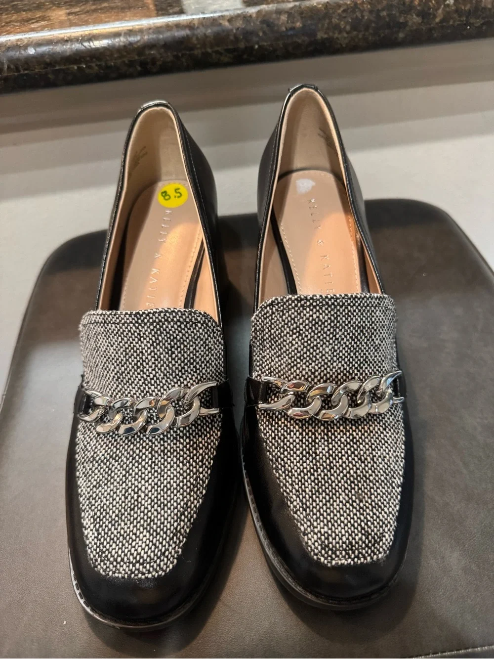 Kelly & Katie Black and White Chain-Trim Loafers